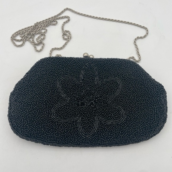La Regale LTD Black Beaded Convertible Kiss-Lock Evening Clutch Shoulder Bag - Picture 1 of 11